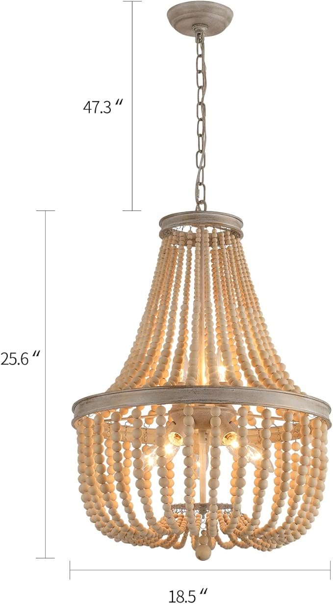 Q&S Farmhouse Wood Beaded Chandelier,Oak White 8-Lights Retro Vintage Antique Rustic Boho Pendant Light Fixture for Foyer Living Room Bedroom Kitchen Dining Room Office Nursery UL Listed