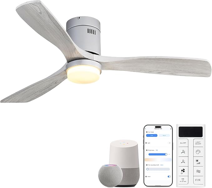 Sofucor 52 Inch Smart Ceiling Fans with Lights-Flush Mount Low Profile Modern Outdoor Solid Wood Ceiling Fans with Alexa/Google Assistant/APP/Remote Control for Bedroom/Farmhouse/Patio, Silver Grey