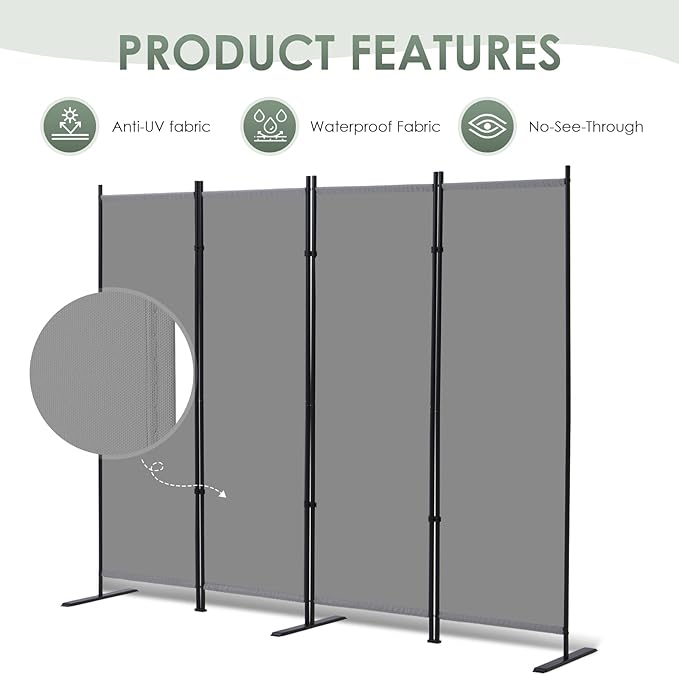 RANTILA 4 Panel Room Divider, 6 FT Folding Privacy Screen with Wide Feet, Freestanding Partition for Room Separation, Portable Room Divider Panel, 89" W x 71" H, Grey