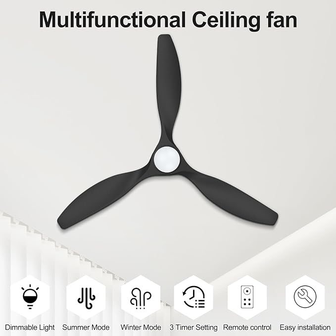 ocioc 52 inch Ceiling Fans with Lights and Remote, Dimmable Ceiling Fans with Reversible Quiet DC Motor, Flush Mount, 3CCT, Black Ceiling Fan for Bedroom Living Room Indoor/Outdoor