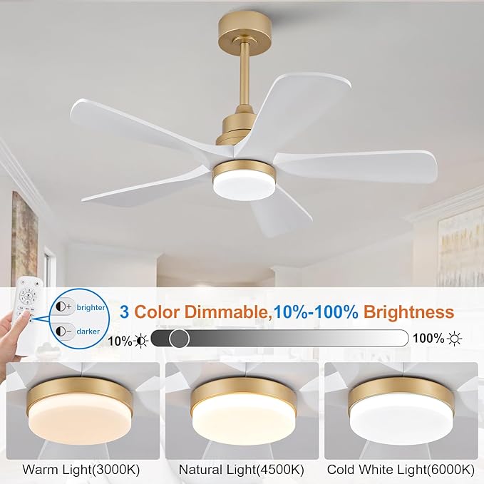 BOJUE 52 Inch Ceiling Fans with Lights and Remote Control, White Gold Ceiling Fan with Light for Bedroom, Noiseless DC Motor, Dimmable Led 5 Solid Wood Blades