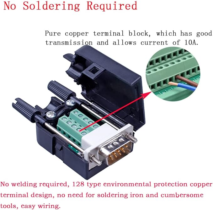 10PCS DB9 Male Breakout Connector,DB9 Solderless RS232 D-SUB Serial to 9-pin Port Terminal Adapter Connector Breakout Board with Case Long Bolts Tail Pipe