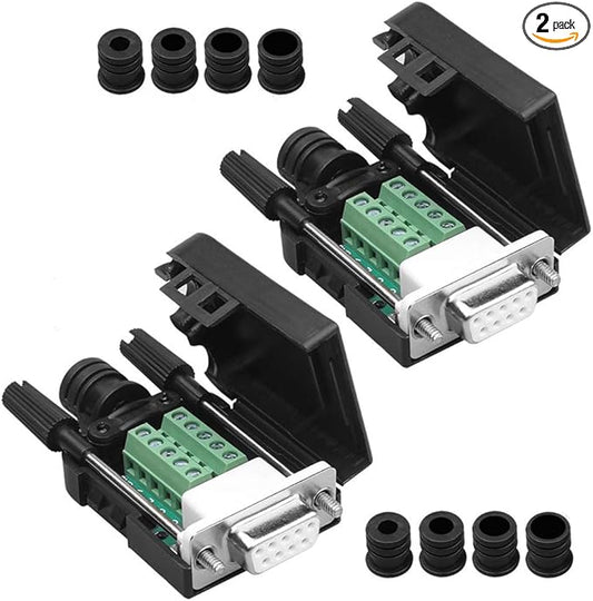 2PCS DB9 Solderless RS232 D-SUB Serial to 9-pin Port Terminal Male Adapter Connector Breakout Board with Case Long Bolts Tail Pipe (2PCS Thinner Female)