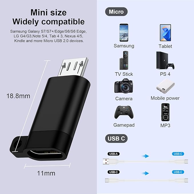 Micro USB to USB C Adapter for Samsung Galaxy S7/S7+/S7 Edge/S6/S6 Edge/J3/J7/Note 6/5,LG G4,Nexus 4/5/6, 4Pack Type C Female to Micro USB Male Adapter Mini-USB Connector Support Charge & Data Sync