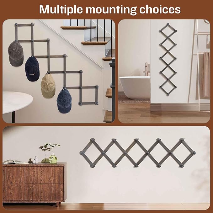 Rustic Wall Mounted Hat Rack with Space Saving Accordion Design, Expandable Hat Holder with 16 Wood Hooks, Modern Farmhouse Wall Hanger for Mug, Coat, Bags(Shabby Grey)