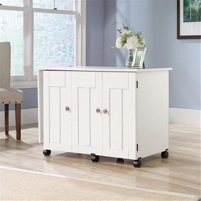 Sauder Folding SewingTable & Craft Cart Storage Cabinet, in Soft White