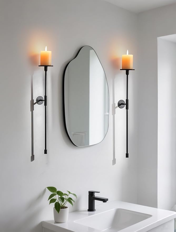 Sziqiqi Wall Candle Holder Black: Metal Candle Sconces for Pillar Candlestick Modern Wall Mount Candleholders Set of 2 - Long Candlestick Sconce Decor for Living Room Bedroom Bathroom Fireplace
