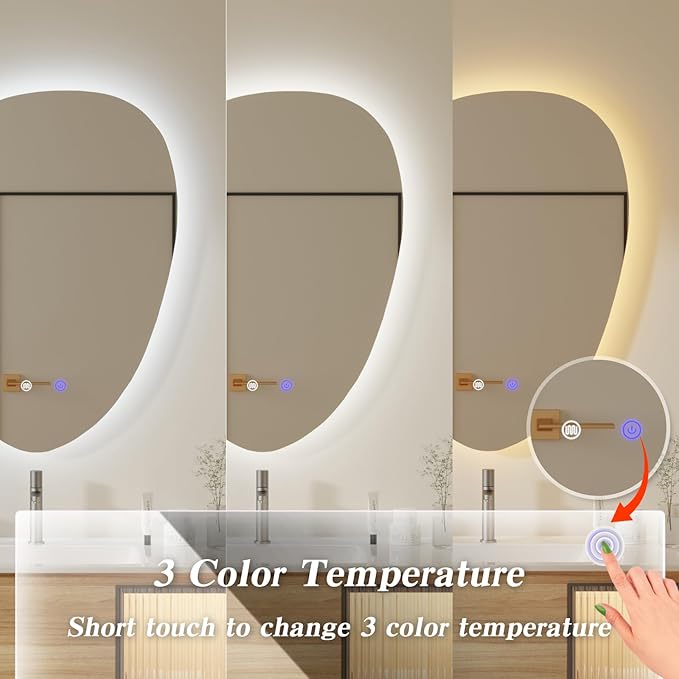 QDSSDECO Irregular LED Bathroom Mirror with Lights,Asymmetrical Led Bathroom Vanity Mirror for Wall with Front and Backlit, Anti Fog, 3 Colors and Dimmable Light, 22" x 28"