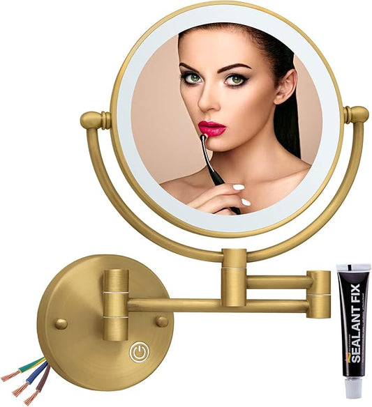 Hardwired Bathroom Wall Mounted Makeup Mirror with Lights and Magnification, 1X/5X Double-Sided for Exquisite Make-up, Extendable Adjustable Angle, No Bending Over Design, Antique Brass