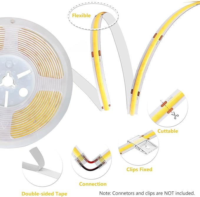 phopollo COB LED Strip Lights, 608 LEDs/m High Density Flexible 24V Led Lights with Remote & Touch Control, Dimmable 2700K-6500K for Bedroom, Kitchen, Cabinet Lighting-16.4ft
