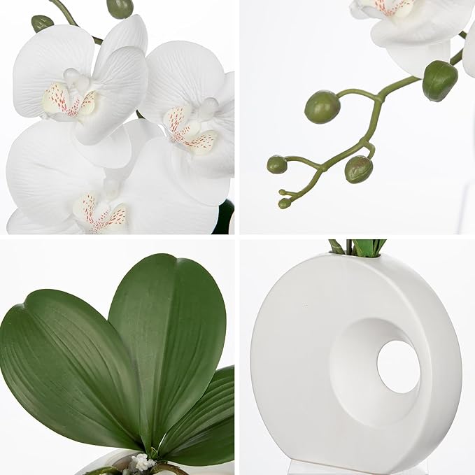 Briful Artificial Orchid White Flowers in Modern Ceramic Vase 15.7" Tall Faux Orchid Arrangement Silk Orchid Flower Fake Orchid Centerpiece for Home Office Room Wedding Table Décor
