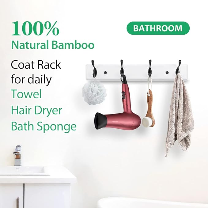 Wooden Coat Rack, Wall-Mounted Organizer for Closet, Entryway, Hallway, Foyer, Bedroom, Heavy Duty Double Hooks for Hanging Towels, Bags, Hats, Jackets, Key (WhiteBlack, 4 Hooks)