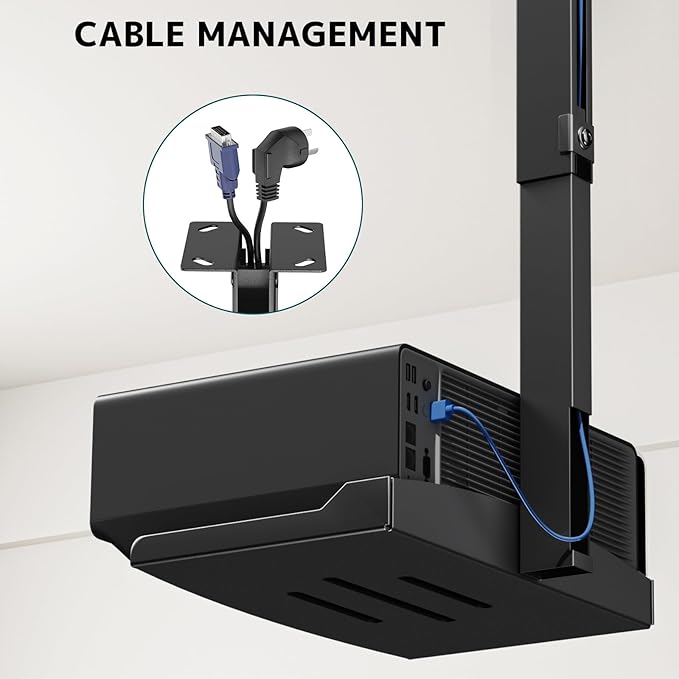 Projector Ceiling Mount with Tray, Adjustable Height Universal Bracket with Concealed Cable Management, No Hole Installation, Holds up to 22 lbs – Ideal for Home Theater & Office (Black)