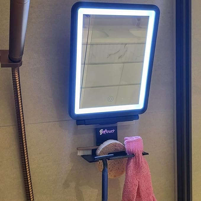 Vanity Mirror with Lights | Fogless Shower Mirror | 3 Light Lightweight Shaving Mirror with A Squeegee | Rust-Proof LED Wall Mirror | Storage Shelf for Bathroom Accessories (Black)