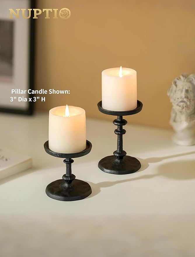 NUPTIO Pillar Candle Holder Black: Solid Cast Iron Candle Stand for 3 Inch Pillars - Vintage Sturdy Metal Candleholder for Halloween Christmas Fireplace Mantle Decor