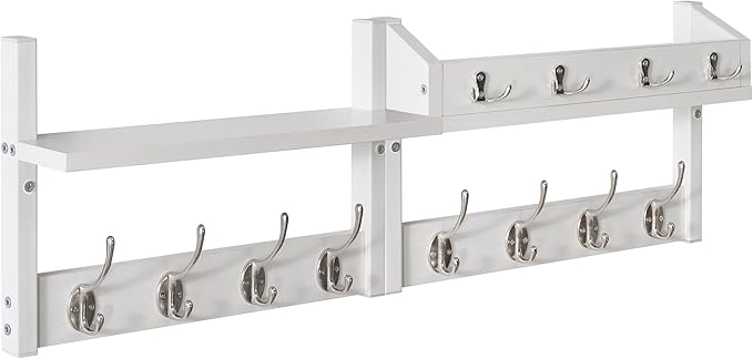 YMYNY 31.5" Coat Rack Wall Mount with Shelf, 4 in 1 Key and Coat Hanger with 12 Metal Hooks, Wall Shelf with Hooks & Mail Holder for Living Room, Bedroom, White, HWS007W-2