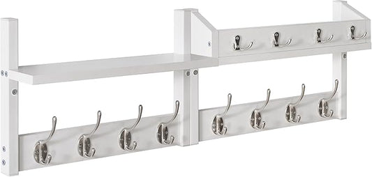 YMYNY 31.5" Coat Rack Wall Mount with Shelf, 4 in 1 Key and Coat Hanger with 12 Metal Hooks, Wall Shelf with Hooks & Mail Holder for Living Room, Bedroom, White, HWS007W-2
