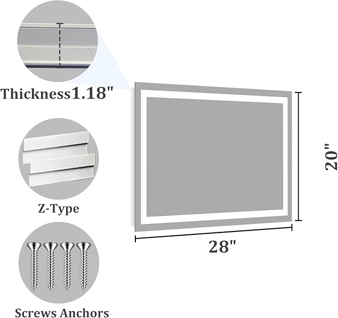 Koonmi 20x28 LED Bathroom Mirror, Backlit + Front Lit, LED Bathroom Mirror with Lights for Wall, 3 Colors, Anti-Fog, Dimmable Brightness, Memory Function, Tempered Glass