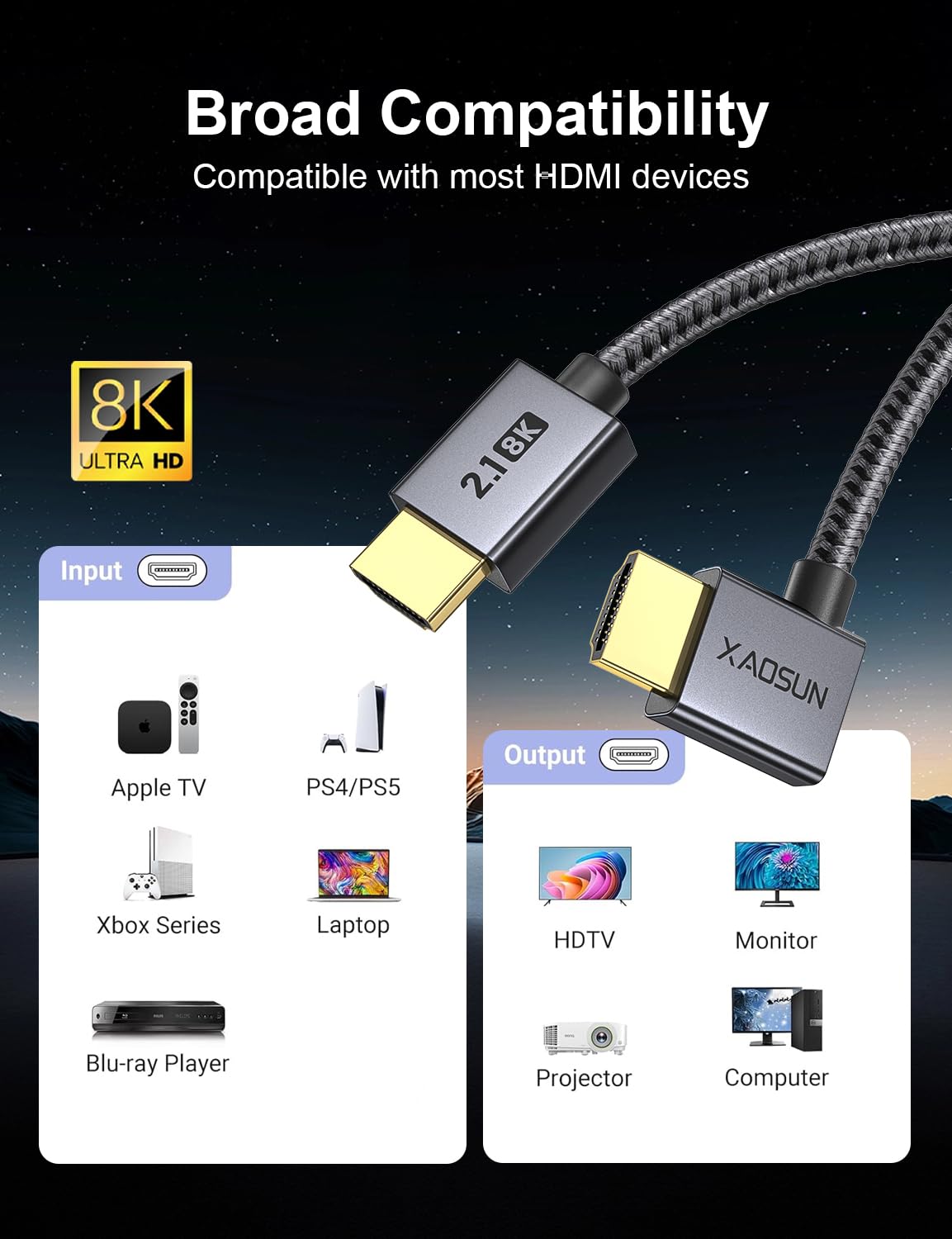 2.1 6.6FT, 48Gbps 8K@60Hz 4K@120Hz 2.2& 2.3 HDR10, ps5,ps4,x-Box,roku XAOSUN Right Angle HDMI Cable Ultra High Speed