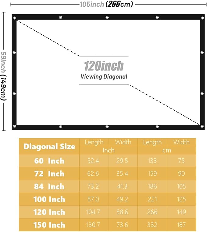 Projector Screen Portable Movies Screens 16:9 Foldable Wrinkle-Resistant Fabric with Dual Adhesive/Nail Hooks for Stable Wall Mount, Ideal for Home Theater & Movie Nights (150 inches)