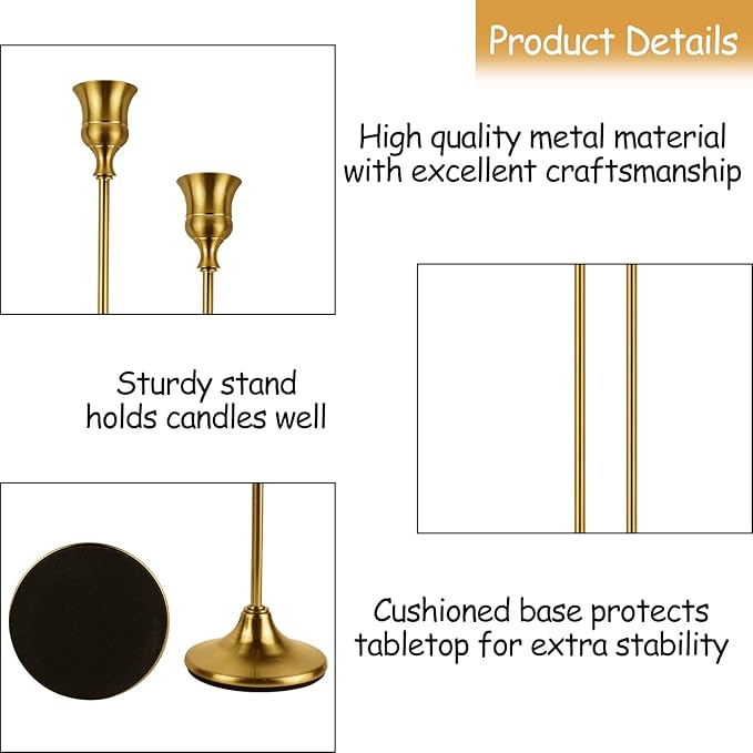 Brass Gold Candlestick Holders Set of 3, Metal Taper Candle Holders, Classic Decorative Candle Stick for Christmas, Wedding, Party, Dinner Tables,Home Décor
