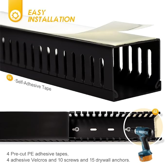 Cable Raceway, 95" Open Slot Cable Management Kit with Upgraded Snap Structure,Wire Cover Cord Hider for Under Desk&Industrial Network/PC/TVs- 23.6" X 1.97" X 2.4" X 4PCS (LWH,Black)