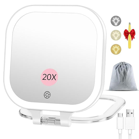 FASCINATE 20X Magnification Rechargeable Travel Makeup Mirror, Lighted Portable Vanity Mirror with 3 Colors Lighting & Stepless Dimming, Double Sided LED Mirror, Gift for Women (White+Bag)