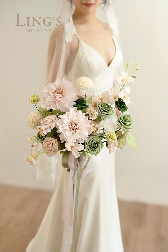Ling's moment Artificial Flowers 25Pcs Elf Green Roses Decor w/Stems,3" Real Touch DIY Foam Floral for Wedding Bouquet/Centerpieces, Outdoors Party Backdrop, Room/Table, and Garden/Pot Decorations