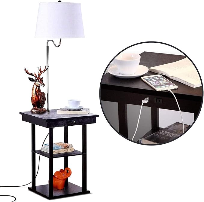 Brightech Madison Side Table with Lamp Combo with LED Bulb, Desk Lamp with USB Port, Bedside Reading Lamp, Modern End Table with Floor Lamp for Bedroom, Living Room, Office - Black with White Shade