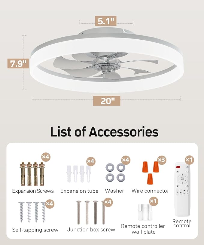 Smart Ceiling Fans with Light and Remote,20'' Low Profile Ceiling Fan with 6-Speed & Dimmable LED, Alexa/APP Home Voice Control, App, Reversible Airflow, App Timer, for Beedroom（White）