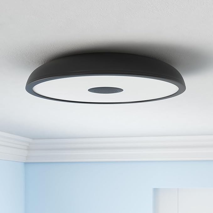 Black Smart Waterproof LED Flush Mount Ceiling Light Fixture,18W,with Bluetooth Speaker,RGB Color Changing Function-Dimmable Lamp,Tuya Application Control-Compatible with Alexa Google Home