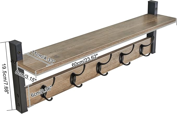YMYNY Coat Rack Wall Mount with Shelf, 2 Pack 23.6" Coat Hooks Wall Mount, Wall Hooks for Hanging, Coat Hanger Wall Mount, Hat Rack for Wall, Towel Hooks for Bathrooms, Silver Gray UHWS004Y-2
