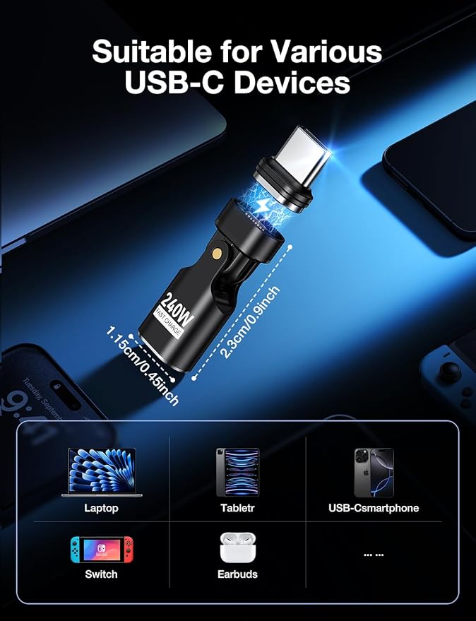 AUFU 16PIN 240W USB C Magnetic Adapter(2Pack)/180° Rotation USB C Right Angle Adapter/90 Degree C Adapters/Type C Magnetic for 1Phone 16/15/Ma-Book/1Pad Series, Samsung Galaxy, Google Pixel, Laptop