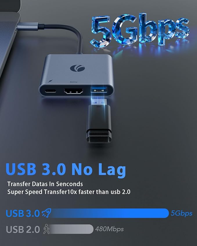 VCOM USB-C to HDMI Adapter, 3-in-1 4K@60Hz HDMI Adapter with 100W PD Charging & 5Gbps USB 3.0 Port, USB Hub Multiport for MacBook, iPad, iPhone 16 Pro Samsung S24/23, Chromebook (Grey（3-in-1)