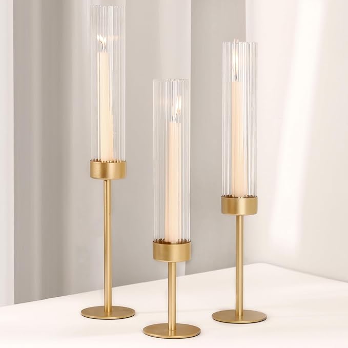 Glass Hurricane Candle Holders Set (3pcs)-Gold Metal Base Taper Candle Stick Holders for Candlesticks Holder Decor, Elegant Dining Table Centerpiece for Wedding, Christmas & Home Decor-Ribbed Glass