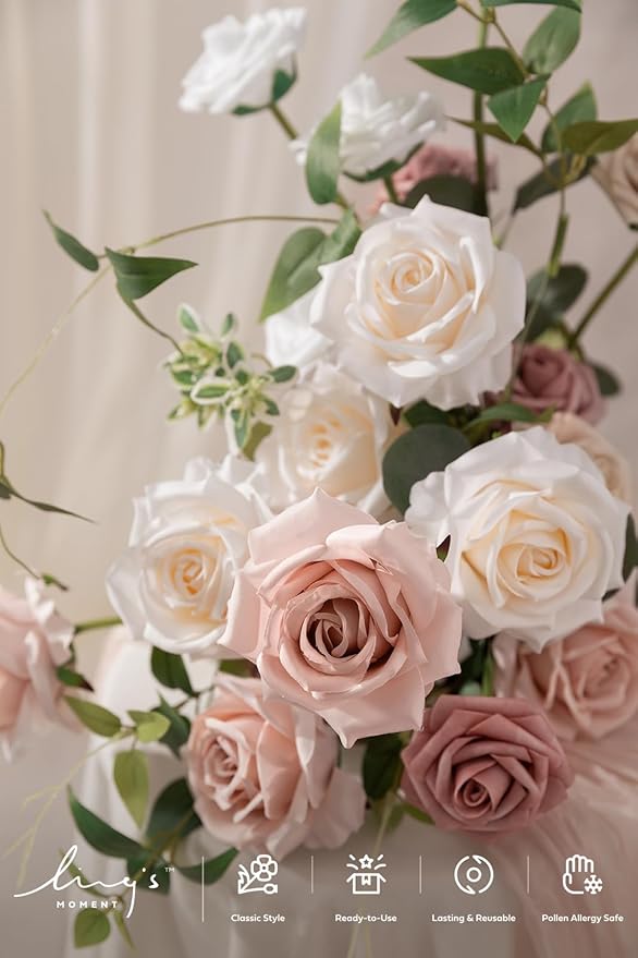 Ling's Moment Artificial Flowers Fake Silk Roses Faux Foam Flower Combo for DIY Wedding Bouquets Centerpieces Arrangements Bridal Shower Party Home Decorations, Dusty Rose & Cream, 23pcs