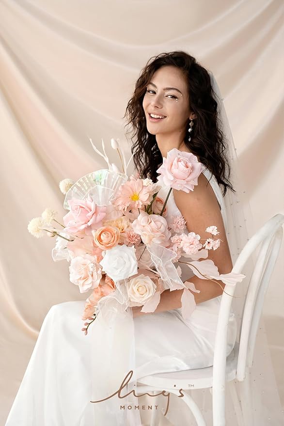 Ling's Moment Artificial Flowers Fake Roses Faux Foam Gardenia Combo for DIY Wedding Bouquets Centerpieces Arrangements Bridal Shower Party Home Decorations, Blush & White, 24pcs