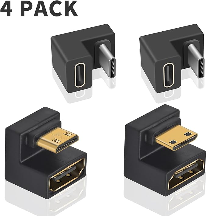 Duttek 8K 180 Degree Mini HDMI to HDMI 2.1 Adapter (Up&Down), 180 Degree USB C to USB C Adapter 10Gbps for Portable Monitor, Laptop, Tablet (4 Pack