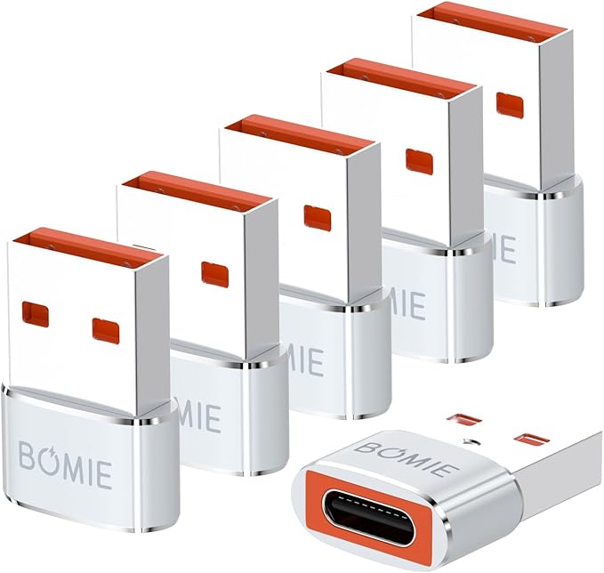 BOMIE USB to USB C Adapter 6 Pack,PD/QC Fast Charging 480Mbps Data Transfer,USB C to USB A Charger Cable Converter for M-acBook,Phone 15/16/17 Pro Max,Pad Pro,A-pple Watch,X-peria,G-alaxy,P-ixel White