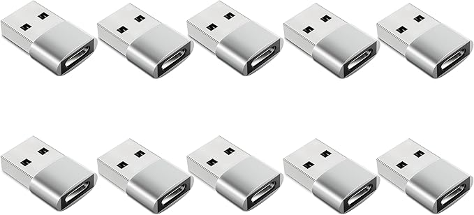 [10 Pack] USB to USB C Adapter, Type C Female to A Male Charger Cable Converter for iPhone 15 14 13 Pro Max Plus, Apple Watch Ultra iWatch 9 8 7, MacBook Pro, iPad 10 9,Samsung Galaxy S20-23, Silver