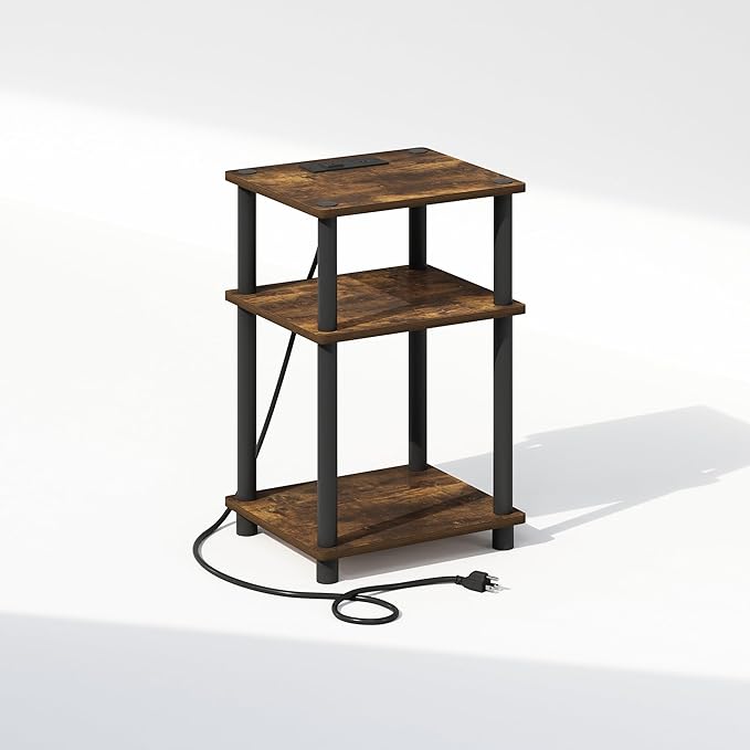Furinno JUST Night Stand, 3-Tier Turn-N-Tube Nightstand with Charging Station, Bedside Table, End Table, Side Table with USB and Type-C Charging Port, for Bedroom, Living Room, Amber Pine