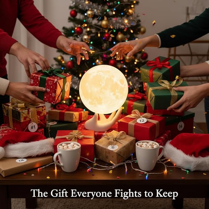 Mydethun 3.5 Inch 3D Moon Lamp – White Elephant Gift for Women Teenage Girls, Mood Lighting w/Ceramic Base, Dual-Color White/Yellow, Touch-Dimmable LED Night Light for Kids Room, Christmas Decor
