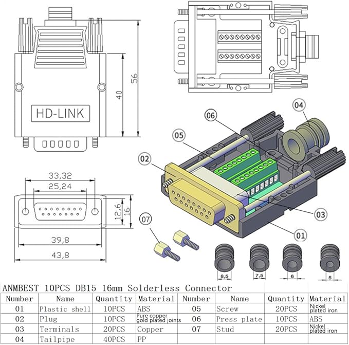 10PCS DB15 Solderless Connector, RS232 D-SUB Serial to 15-pin Port 16mm Thinner Terminal Male Adapter Breakout Board with Case Long Bolts Nuts