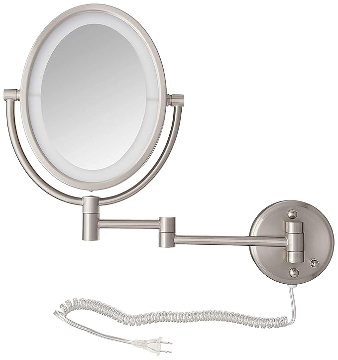 JERDON Two-Sided Wall-Mounted Makeup Mirror with Lights - Lighted Makeup Mirror with 10X Magnification & Wall-Mount Arm - Oval Mirror with Nickel Finish Wall Mount - Model HL9515NL