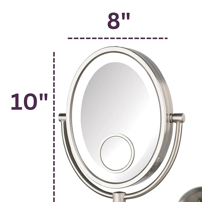 JERDON Two-Sided Wall-Mounted Makeup Mirror with Lights - Lighted Makeup Mirror with 10X Magnification & Wall-Mount Arm - Oval Mirror with Nickel Finish Wall Mount - Direct Wire - Model HL9515NLD