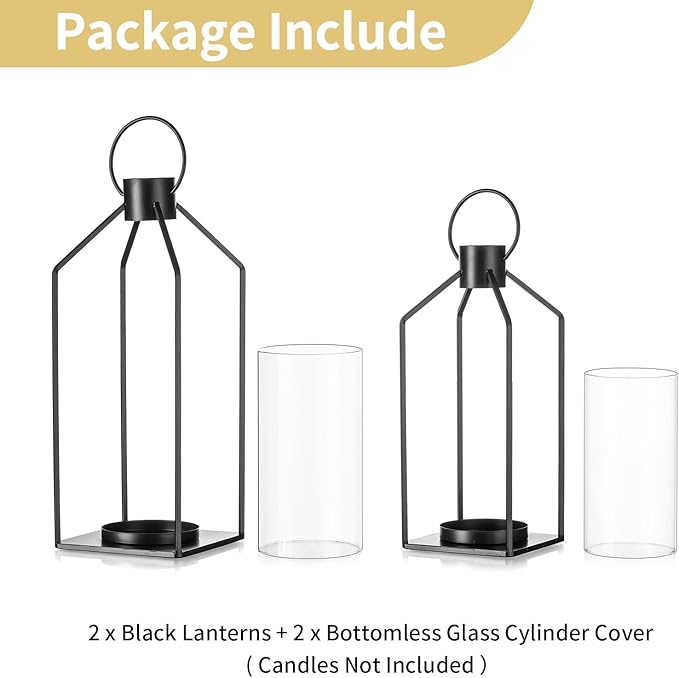 Nuptio Decorative Lantern Candle Holder: 2 Pcs Glass Hurricane Pillar Candles Holders Rustic Black Metal Hanging Lanterns Decor for Outdoor Wedding Farmhouse Home Fireplace Christmas Halloween