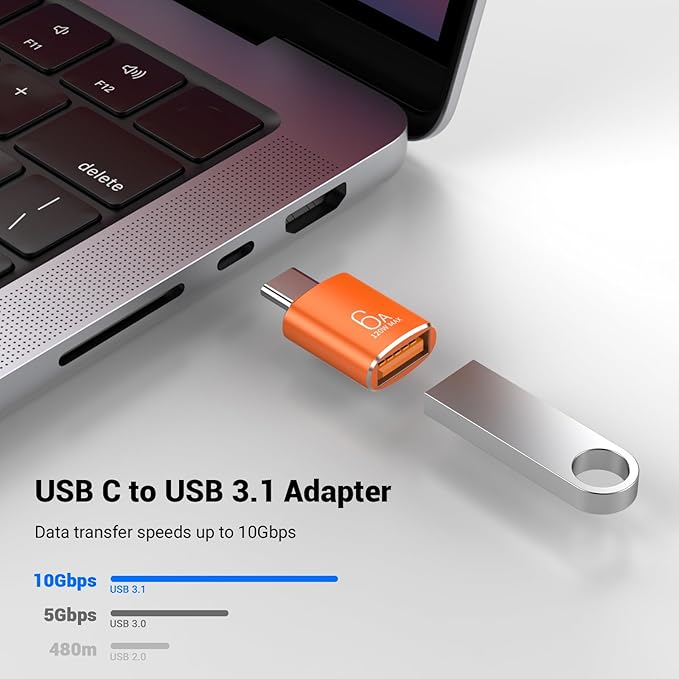 Pastall 10 Pack 10Gbps/120W USB C to USB3.1 Adapter, Orange Type C Male to USB Female Adapter for Smartphone, PC, Laptop, Tablet, Keyboard etc.
