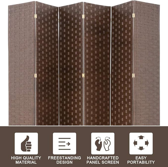 Room Divider Wood Screen 6 Panel Folding Portable Partition Screens Wooden Mesh Woven Design Room Screen Divider for Home Office (Brown)