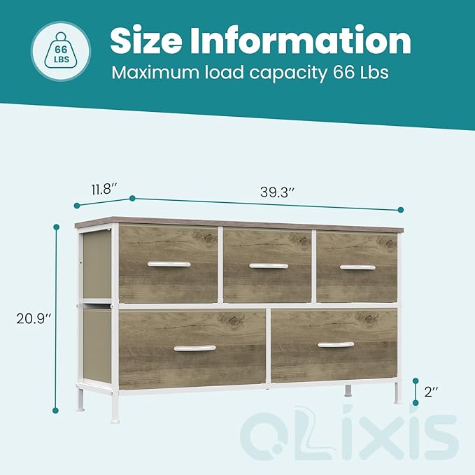 OLIXIS Dresser for Bedroom with 5 Drawers, Wide Chest of Drawers, Fabric Bedroom Dresser with Drawer Organizer, Storage Organizer Unit with Fabric Bins for Closet, Living Room, Hallway, Classic Black
