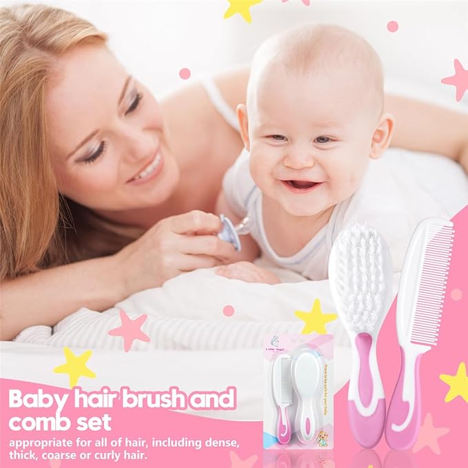 Baby Hair Brush and Comb Sets, New Born Baby Hair Brushes, Perfect Baby Registry Gift for Newborns(Pink)